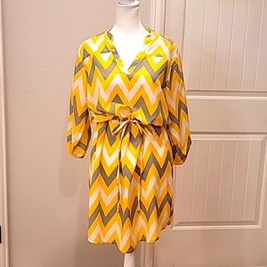 Lightweight long sleeve dress in yellow, white and gray, size Medium